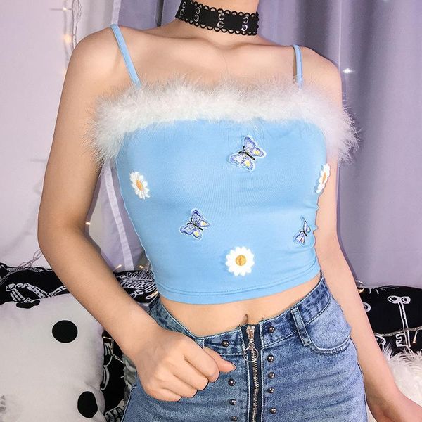 

women's tanks & camis women butterfly floral print tube summer fashion hairy fringe sling camisole cropped girls streetwear, White