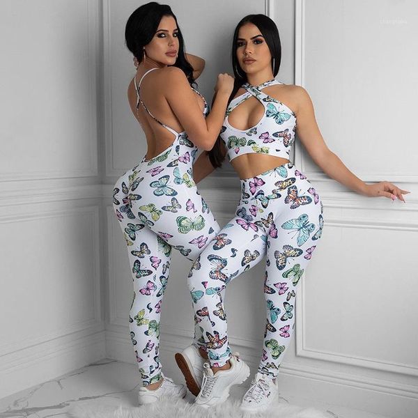 Jumpsuits das Mulheres Macacão Fitness Borboleta Imprimir Terno De Mulheres Colete + Cintura Alta Leggings Femininos 2021 Treino Casual Two-Peça