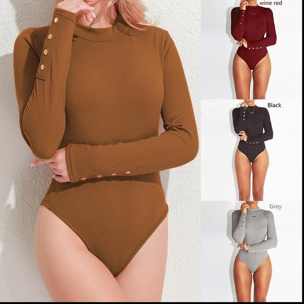 

long sleeve bodysuit fashion stretch womens romper with button solid slim casual ladies rompers autumn clothing, Black;white