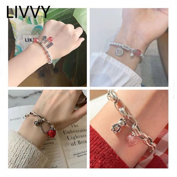 

link, chain livvy thai silver color lucky cat bear abacusÂ pendant bracelet strawberry crystal jewelry women sweet beautiful adjustable gift, Black