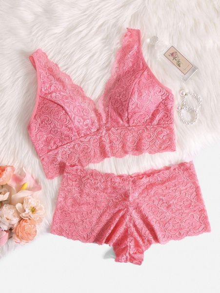 

plus floral lace scallop trim lingerie set n01s#, Black;white