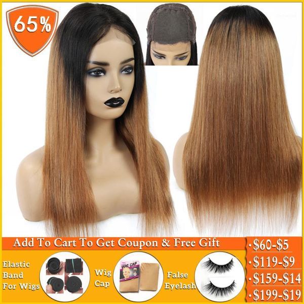 

lanqi honey blonde ombre human hair wig brazilian straight 4x4 lace closure wigs for women non-remy 150% density1, Black;brown