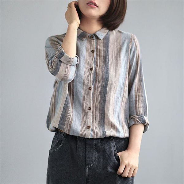 

spring autumn arts style womens shirts turn down collar long sleeve loose shirt all matched casual cotton linen striped blouse, White