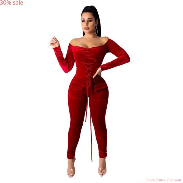 

women's jumpsuits & rompers red velvet jumpsuit women bodysuit bandage slash neck full sleeve casual night club party outfits, Black;white