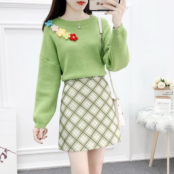 

two piece dress loral sweater & grid a-line skirt knitted autumn spring girl suit western style two-piece institute wind pullovers sweet ski, White
