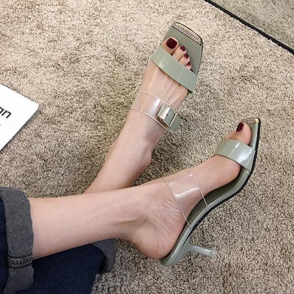 

slippers women's shoes outdoor 2021 summer fashion rhinestone buckle open toe transparent high-heeled sandals, Black