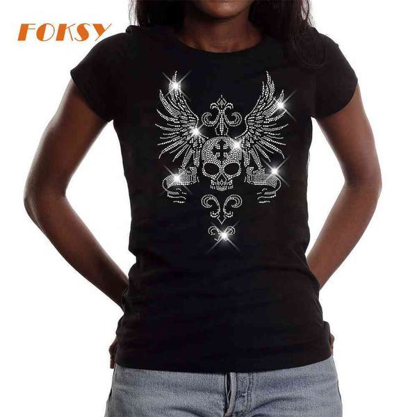 

fix custom skull wing cross motif rhinestone tshirt design with fast delivery service, White;black