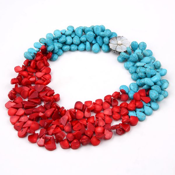 

guaiguai jewelry 3 rows natural red coral blue teardrop turquoises stone necklace handmade for women, Silver