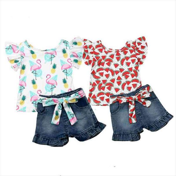 

1-6y infant kids baby girls summer clothes sets floral t-shirt denim pants shorts outfits, White