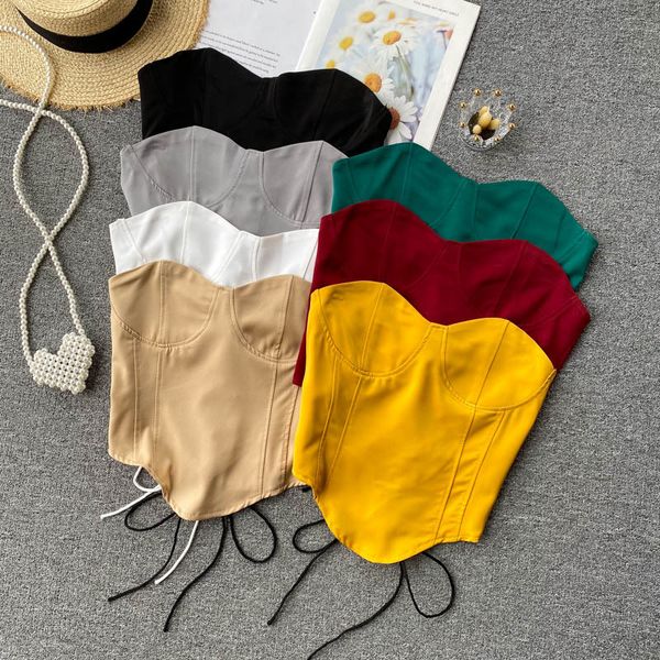 

bras foamlina strapless crop ins new fashion summer women streetwear solid lace-up bandage back skinny party club 4o, Red;black