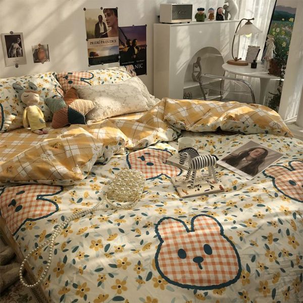 

bedding sets yellow flower plaid set kid teen adult,cotton twin full  home textile bed sheet pillow case duvet cover
