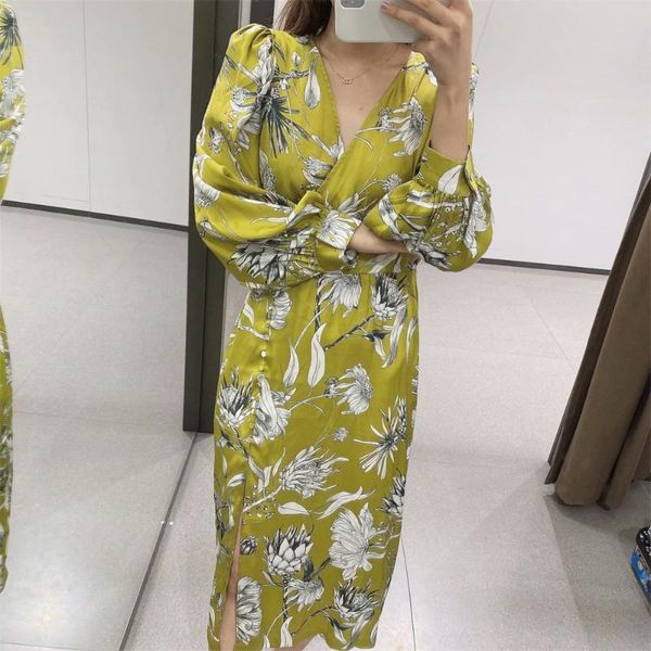 

autumn women european and american loose thin all-match v-neck long-sleeved printed midi dress casual dresses, Black;gray