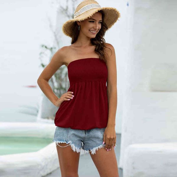 Sexy strapless mulheres tops verão moda sem mangas cintura elástica magro fora do ombro de algodão camisetas Verão sólido feminino Tees 210507