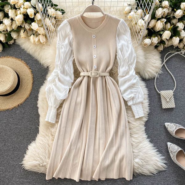 

women elastic knitting dress autumn winter design ruched puff sleeve a-line dress korean elegant solid streetwear dress 210419, Black;gray