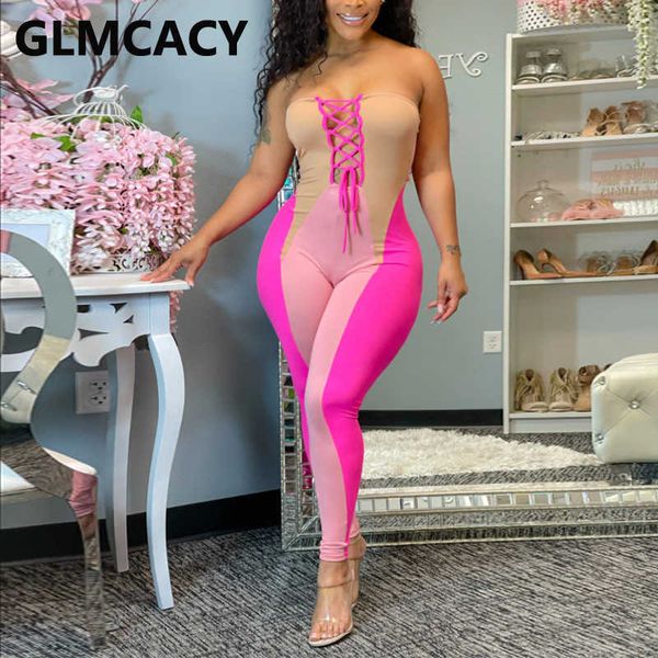 

women color block strapless bodycon skinny jumpsuits 210702, Black;white