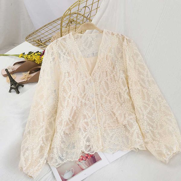 

summer women lace blouses fashion woman shirt hollow out casual long sleeve shirts plus size clothing 210601, White