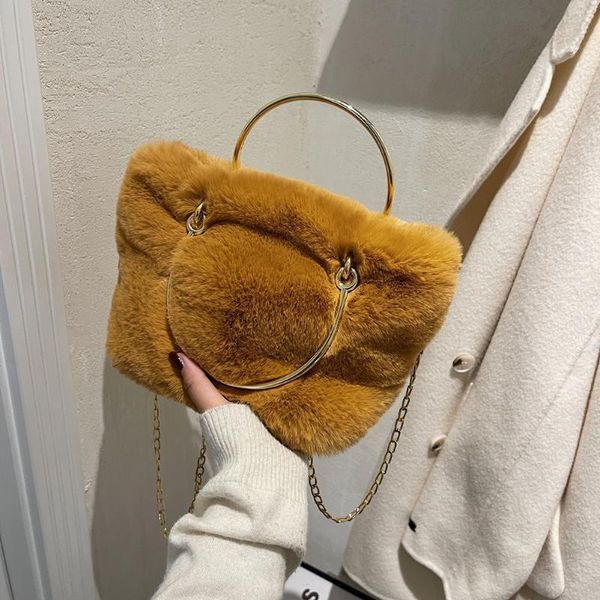 

evening bags women shoulder bag pure color messenger chain crossbody winter plush metal handle small handbag for daily