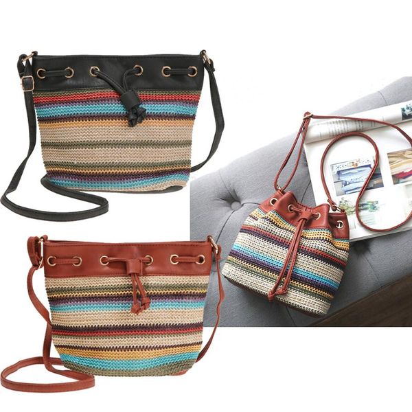 

school bags 1 piece lady bohemian wave stripe bucket bag with slanted shoulder
