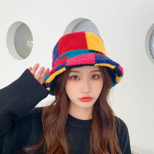 

wide brim hats faux fur leopard fluffy hat bucket women girl winter outdoor travel tie dye plaid panama thick warm velvet fisherman bob, Blue;gray