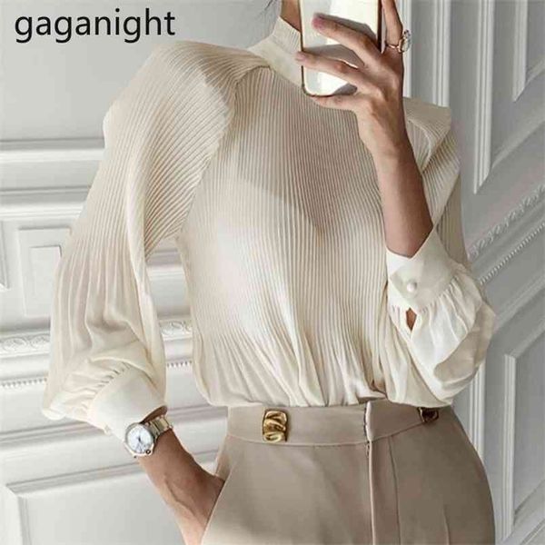 

korean elegant ruched women blouse fashion raglan sleeve stand collar shirt spring autumn office lady loose blusas 210601, White