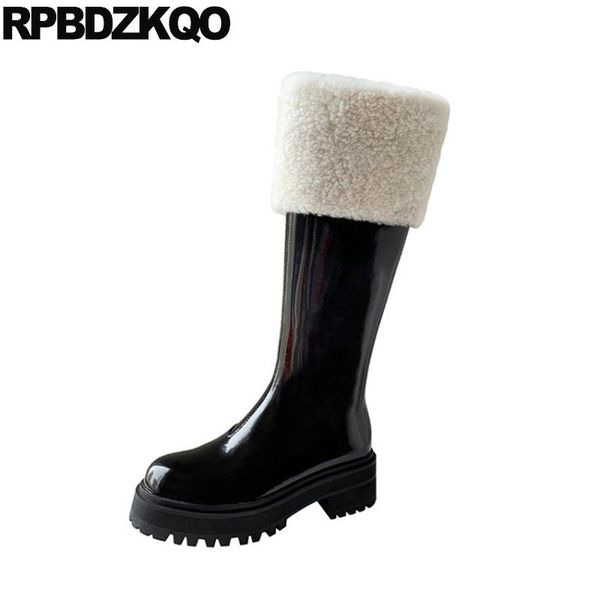 

boots high heel knee real fur shoes chunky black and white platform british patent leather sheepskin waterproof winter women