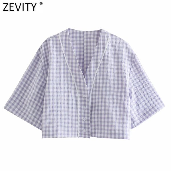 

zevity women vintage v neck plaid print casual short smock blouse female buttons loose shirt chic kimono chemise ls9259 210419, White