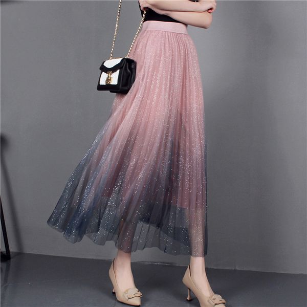 

blazers blinbling shining gradient pleated skirt 2021 fairy grunge purple tulle mesh long jupe femme festival clothing, Black