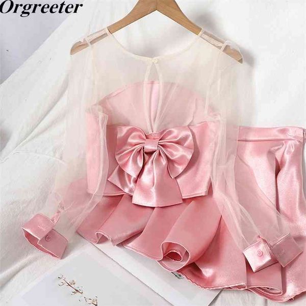 

summer sets sweet stitching contrast color mesh sleeveso-neck back bow shirt + wide leg shorts 2 piece sets women 210602, White