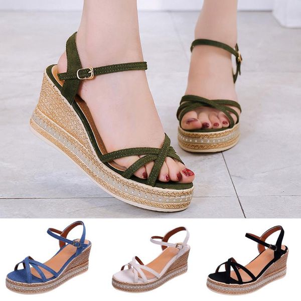 

women's sandals fashion buckle shallow mouth casual shoes high-heel wedge heel female summer ladies t9#, Black