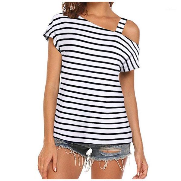 

women's t-shirt stripe short sleeve slant collar open shoulder casual waist omen summer creativity cute 2021, White