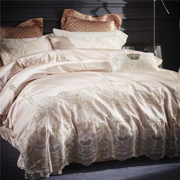 

bedding sets luxury champagne pink 100s silk cotton romantic lace princess girl set duvet cover bed sheet 4pcs linen pillowcases