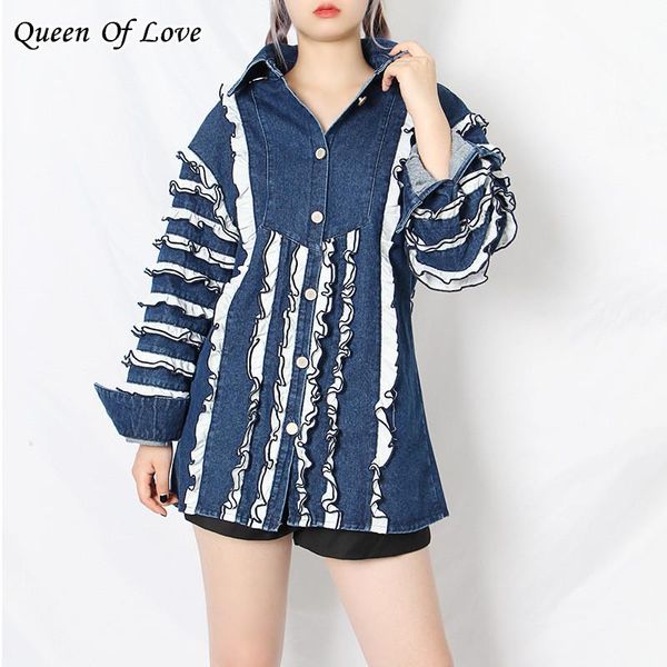 

autumn 2021 women loose ruffle denim jacket casual fashion female jeans lantern sleeve street cowboy coat outwear women's jackets, Black;brown