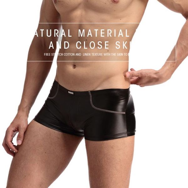 

underpants men black faux leather boxers trunk gay performance boxer latex underwear wear, Black;white