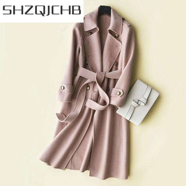 

women's wool & blends shzq women clothes 2021 cashmere coat 100% coats female sided woolen jackets double breasted spring warm overcoat, Black