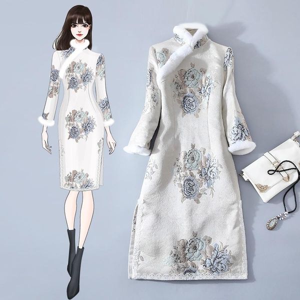 

qipao traditional chinese oriental dress women cheongsam modern qi pao thick female winter asian 11632 ethnic clothing, Red