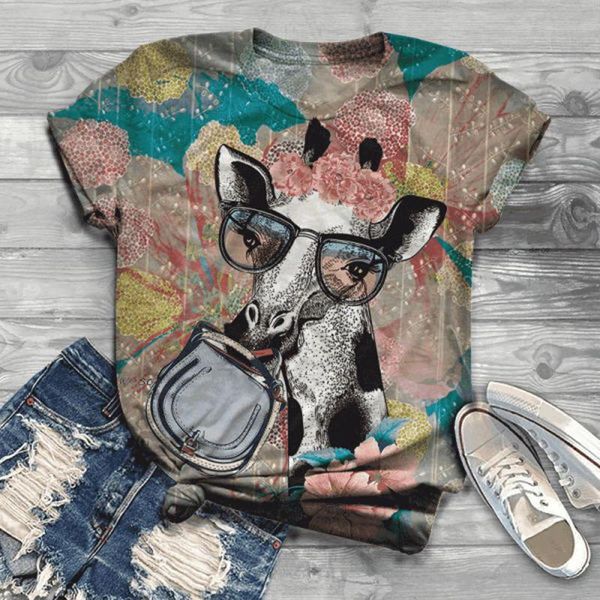 

women's t-shirt cartoon giraffe printing woman t-shirts harajuku 3d animal printed summer tee o-neck casual women shirt, White