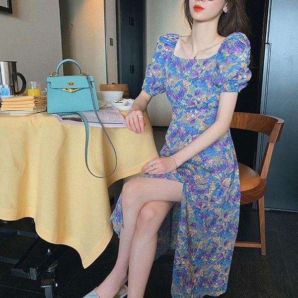 

casual dresses floral print dress women puff sleeve chiffon party lady 2021 summer elegant vintage retro split, Black;gray