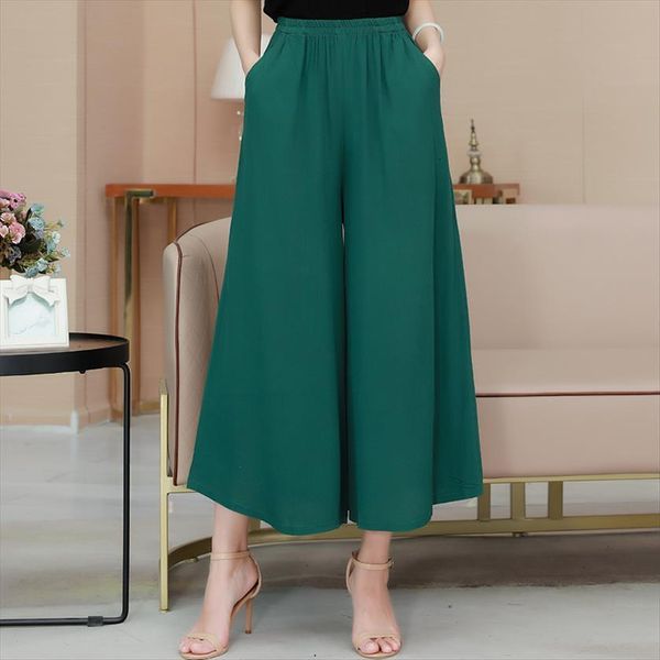 

summer cotton linen wide leg women capri casual solid color elastic waist trousers loose woman ankle length, Black;white
