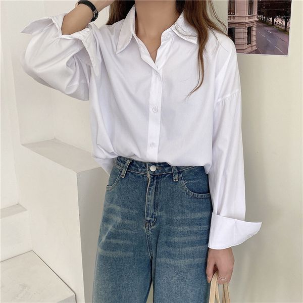 

spring autumn ol formal elegant minimalist lapel shirt women blouses work long sleeve solid loose female 210421, White