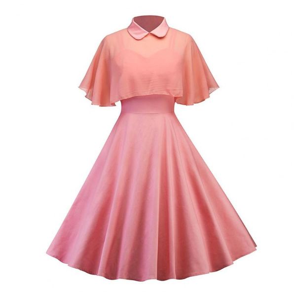 

casual dresses vintage women dress mid waist a-line big swing two pieces trendy ladies with chiffon cape princess, Black;gray