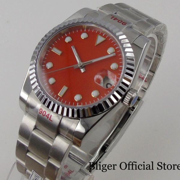 

wristwatches orange 36mm fluted bezel selfwinding men watch nh35a movement oyster glide lock bracelet date magnifier, Slivery;brown