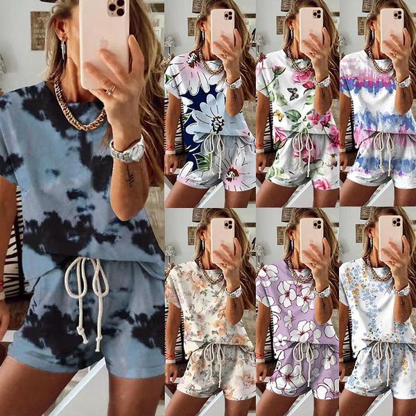 

women's tracksuits 2021 spring and summer ladies tie-dye gradient pajamas short-sleeved home service suit, Gray