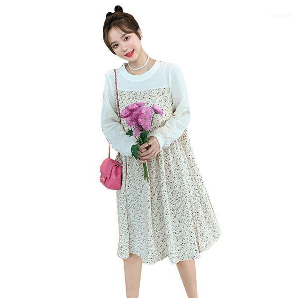 

round neck stitching long-sleeved maternity dress korean spring1, White
