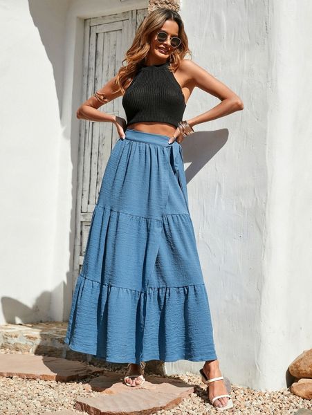 

ruffle hem tie side wrap skirt x1su#, Black