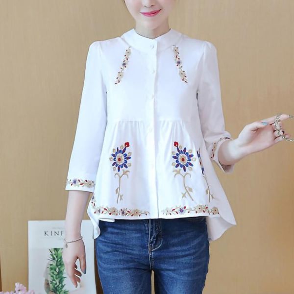 

white button up ethnic womens shirts embroidery 100% cotton three quarter tunic blouse 3 4 sleeve loose casual ladies
