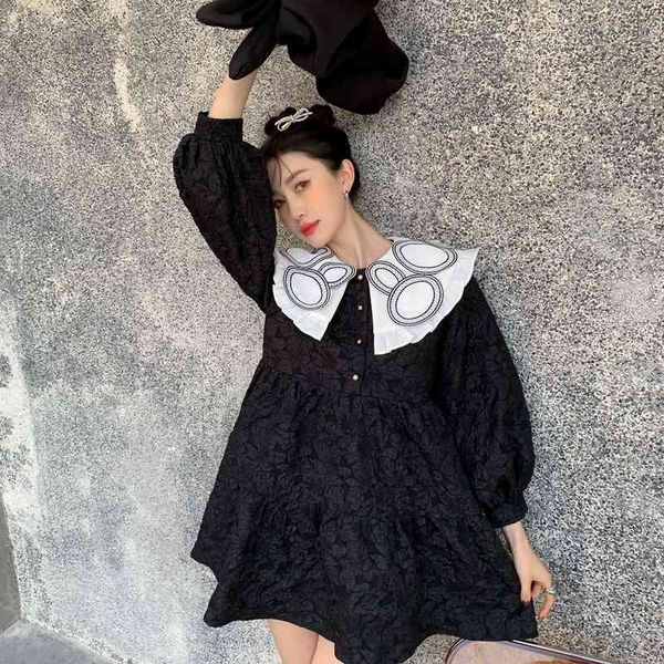

casual dresses texture black lantern long sleeve women ruffle ball gown mini jacquard 2021 koean designer fashion clothing 4t7y, Black;gray