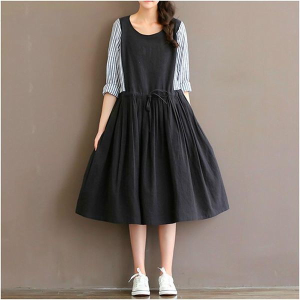 

casual dresses spring summer dress for women striped print patchwork black sweet long sleeve high waist o neck cotton linen lolita, Black;gray