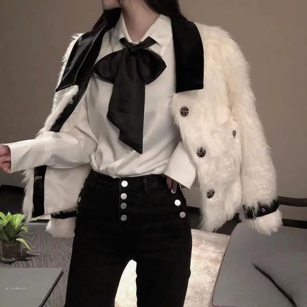 

women's fur & faux imitation lamb wool short jacket women winter thicken warm patchwork turn-down collar coat chic fleece clothing, Black