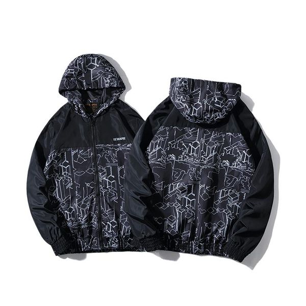 

men's jackets spring autumn zipper windbreaker jacket fashion trend loose casual street geometric printing stitching, Black;brown
