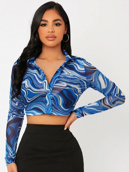 

marble print sheer mesh crop without bra t68t#, White